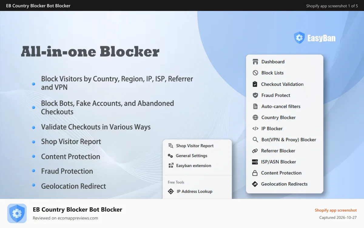 EB Country Blocker Bot Blocker Shopify app screenshot: Country/City blocker, IP blocker, whitelist, VPN blocker