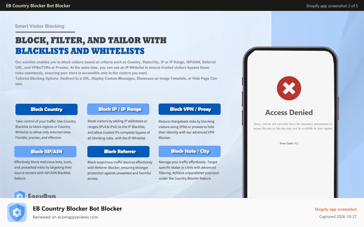 EB Country Blocker Bot Blocker Shopify app screenshot: Block or whitelist visitor by Country/State/City/IP/ISP/Referrer