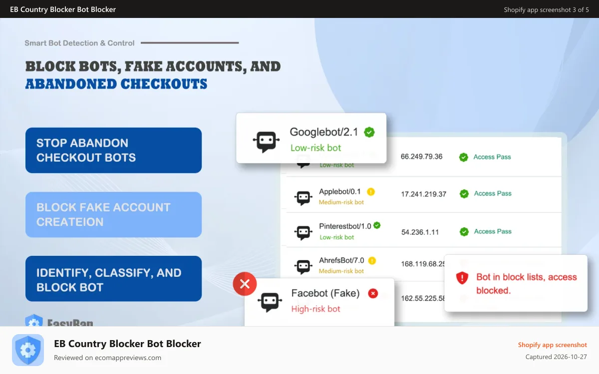 EB Country Blocker Bot Blocker Shopify app screenshot: Block Crawler, fake accounts, and abandon checkouts