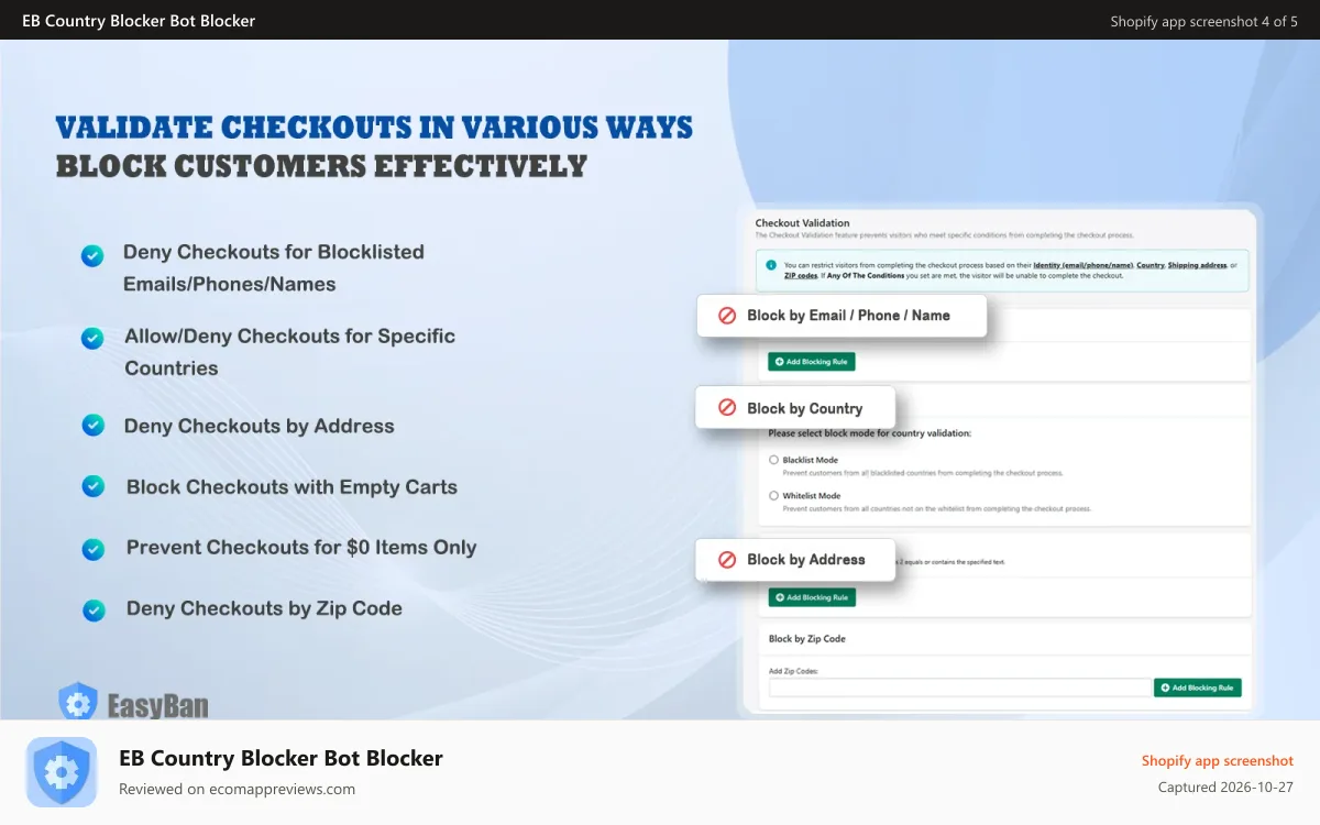 EB Country Blocker Bot Blocker Shopify app screenshot: Validate checkouts in various ways, block customers effectively