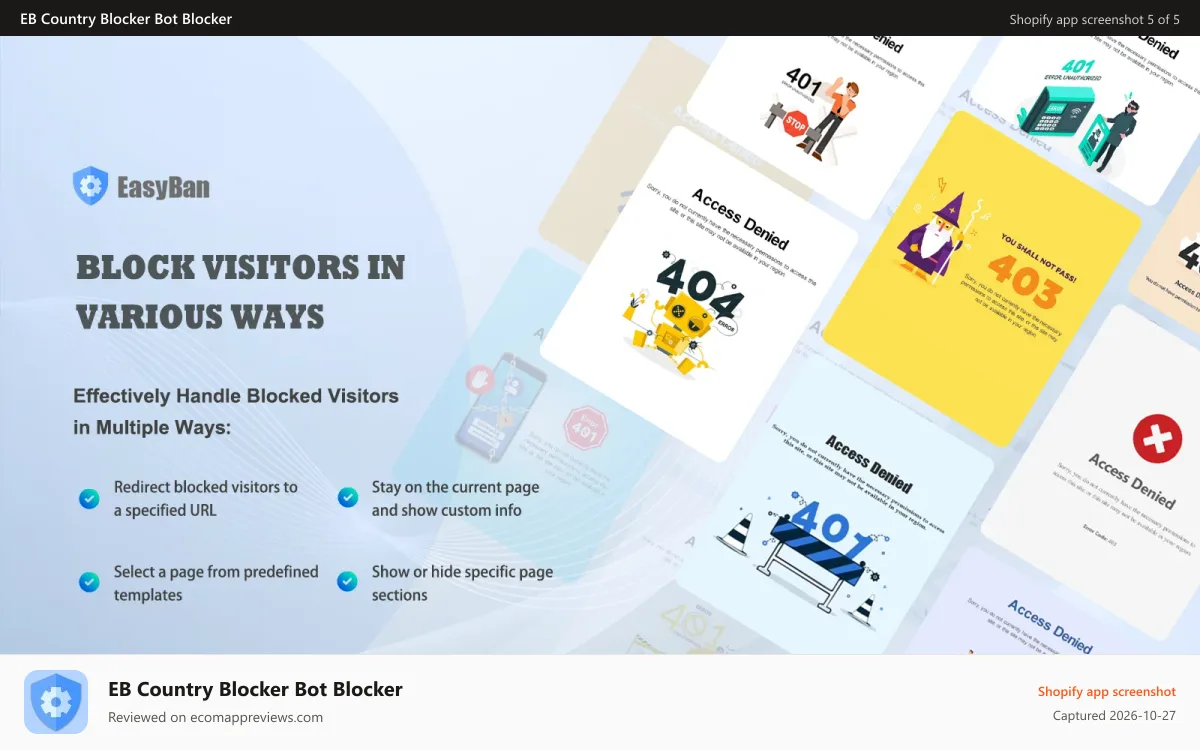 EB Country Blocker Bot Blocker Shopify app screenshot: Effectively Handle Blocked Visitors in Multiple Ways/Templates