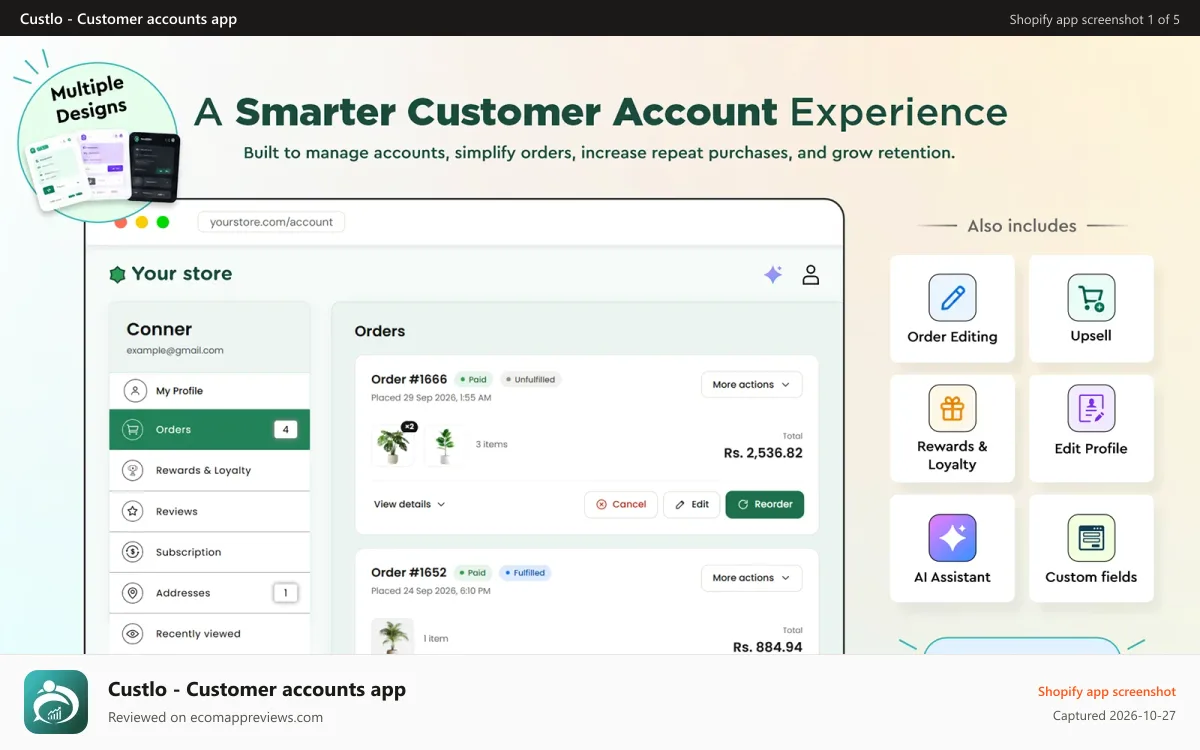 Custlo ‑ Customer accounts app Shopify app screenshot: Custlo - Advance Customer Account Pages on Shopify