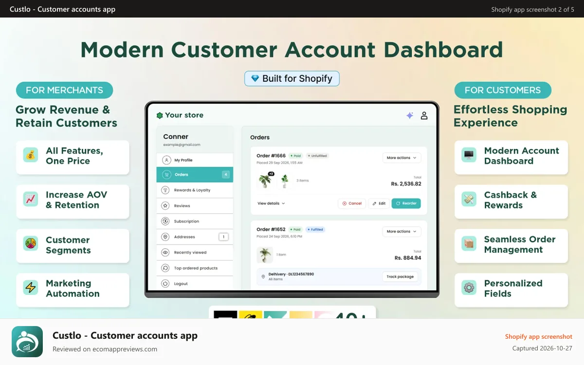 Custlo ‑ Customer accounts app Shopify app screenshot: Customer Accounts Extensions