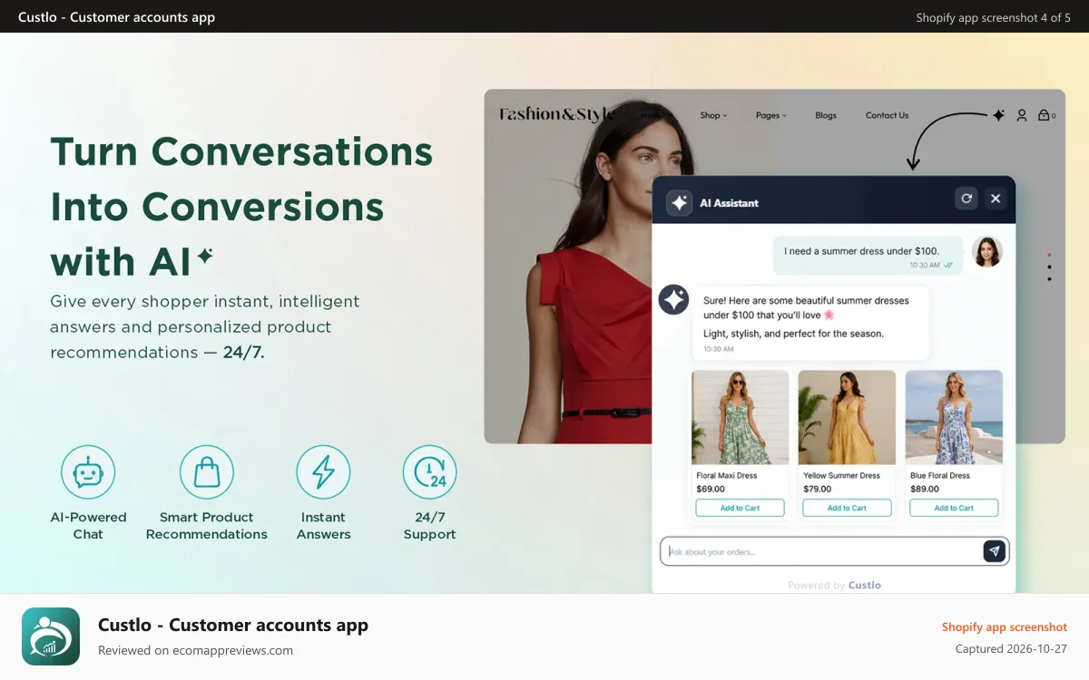 Custlo ‑ Customer accounts app Shopify app screenshot: ai chatbot custlo