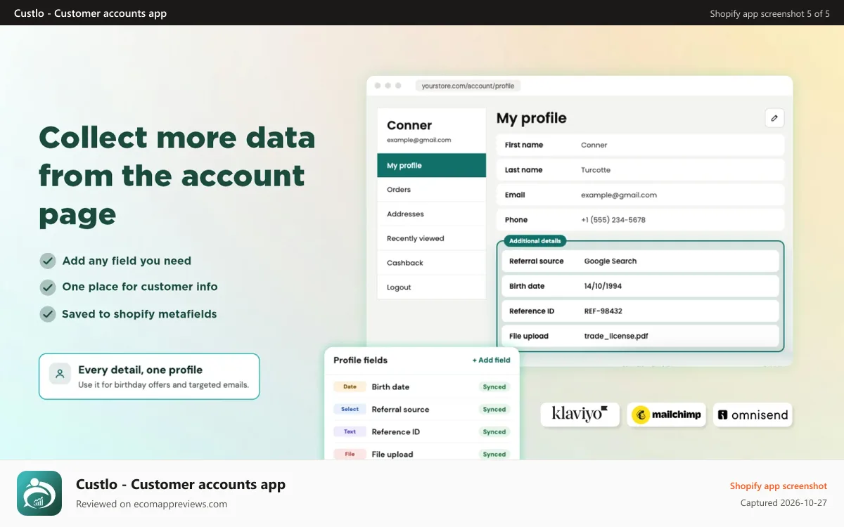 Custlo ‑ Customer accounts app Shopify app screenshot: New Customer Accounts Custom Fields