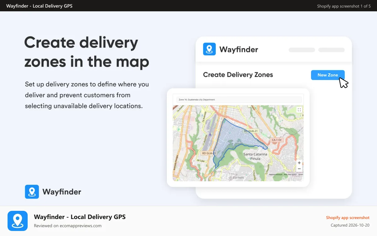 Wayfinder ‑ Local Delivery GPS Shopify app screenshot: Create delivery zones in the map