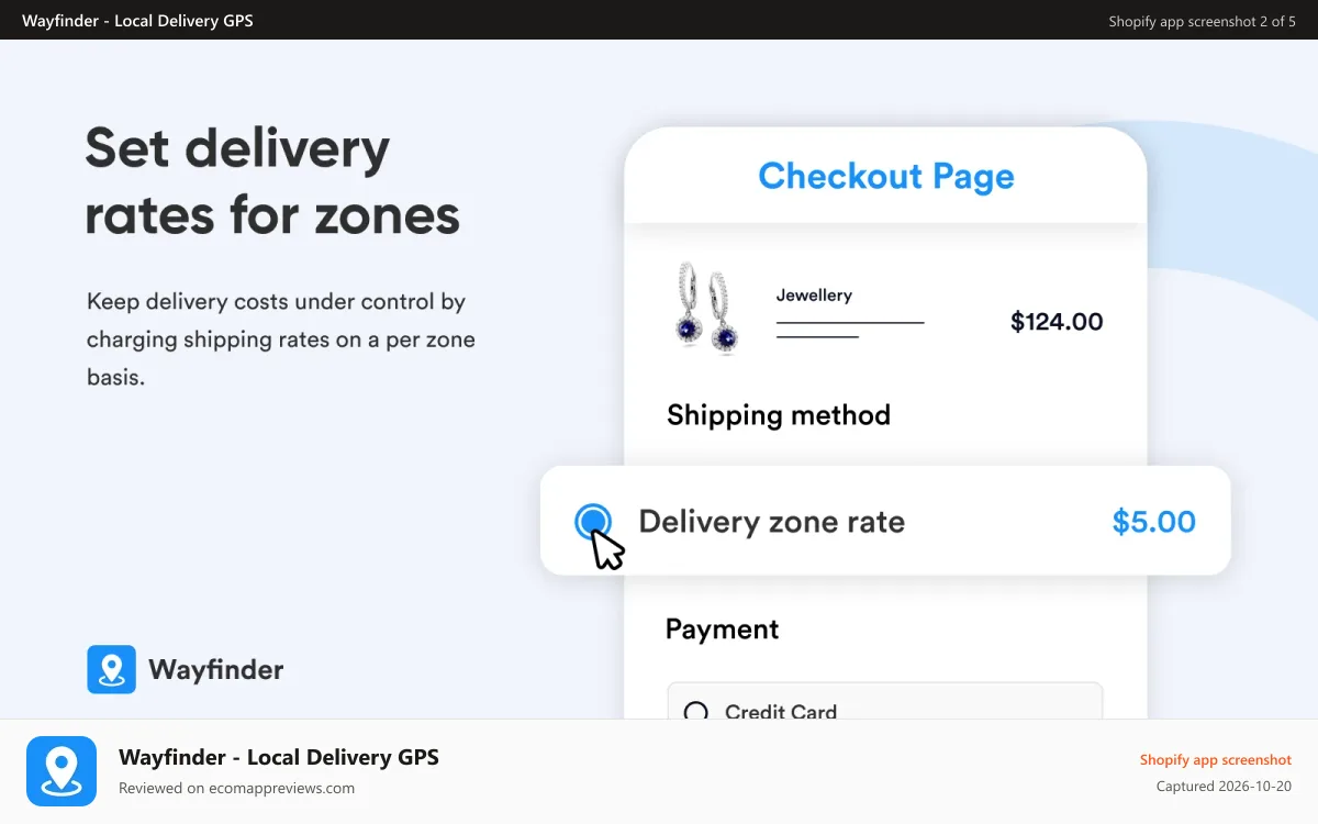 Wayfinder ‑ Local Delivery GPS Shopify app screenshot: Set delivery rates for zones