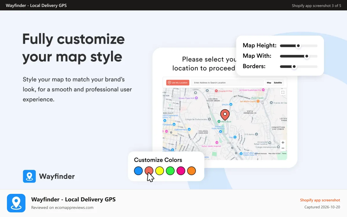 Wayfinder ‑ Local Delivery GPS Shopify app screenshot: Fully customize your map style