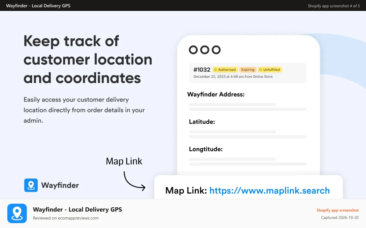 Wayfinder ‑ Local Delivery GPS Shopify app screenshot: Keep track of customer location and coordinates