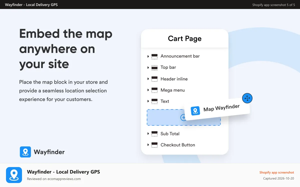 Wayfinder ‑ Local Delivery GPS Shopify app screenshot: Embed the map anywhere on your site