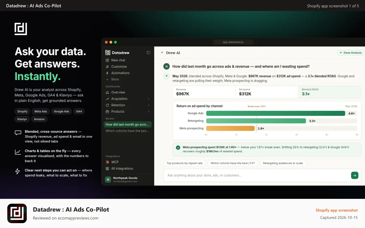 Datadrew : AI Ads Co‑Pilot Shopify app screenshot: Drew AI - Chat with your data, get actionable growth insights
