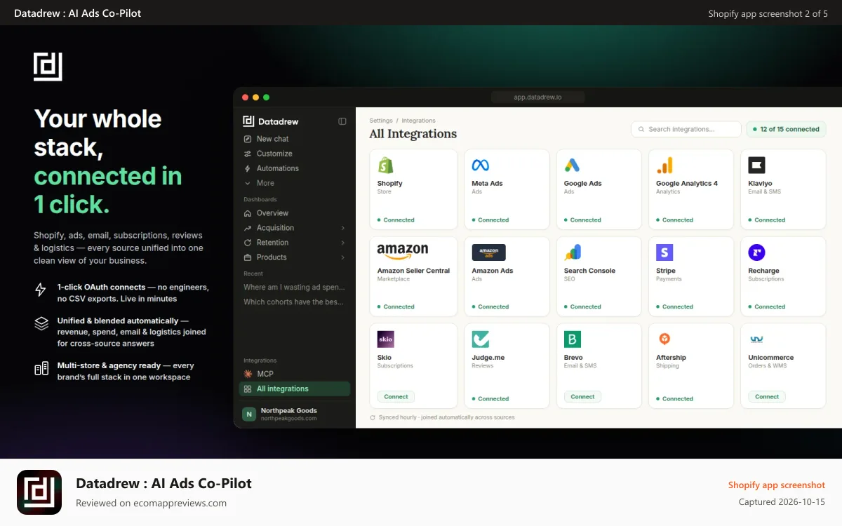 Datadrew : AI Ads Co‑Pilot Shopify app screenshot: All integrations - Meta Ads, Google ads, GA4, Klaviyo, Amazon