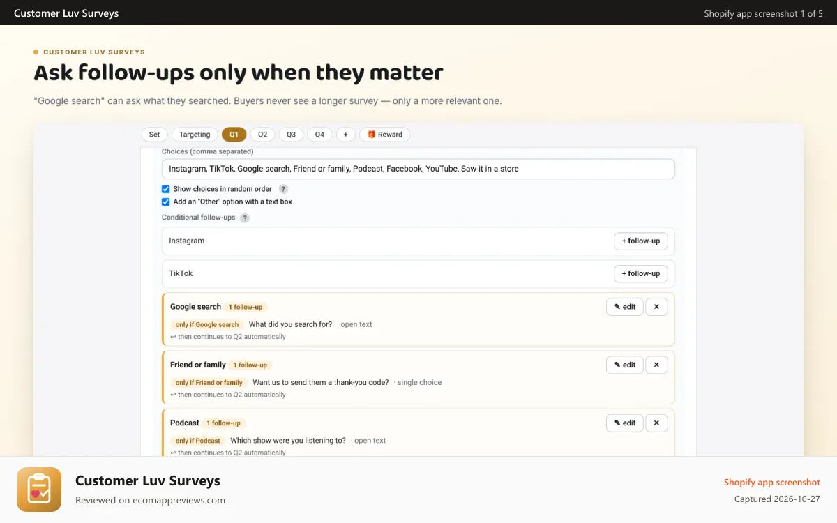 Customer Luv Surveys Shopify app screenshot: Follow-ups that only the right buyers ever see