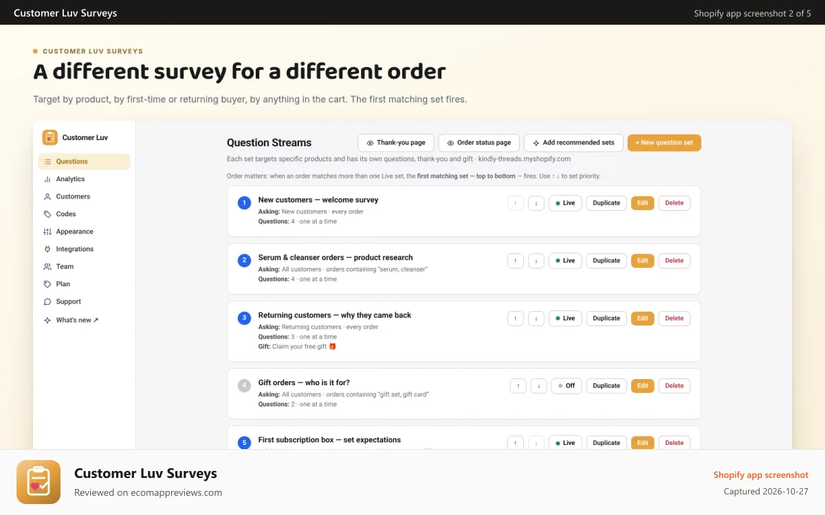 Customer Luv Surveys Shopify app screenshot: A different question set for a different order