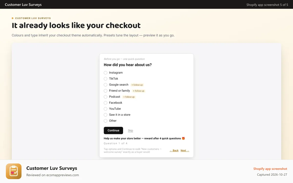 Customer Luv Surveys Shopify app screenshot: The survey preview, inheriting your checkout theme