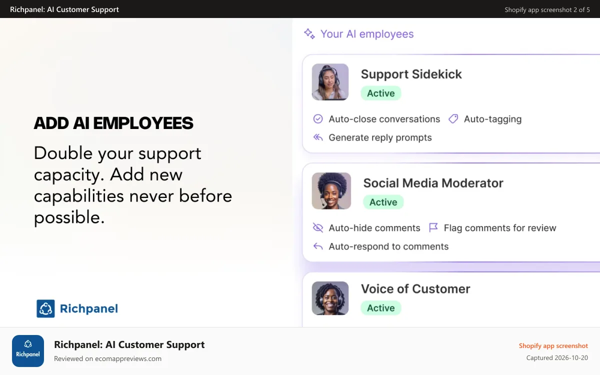 Richpanel: AI Customer Support Shopify app screenshot: Add AI Employees