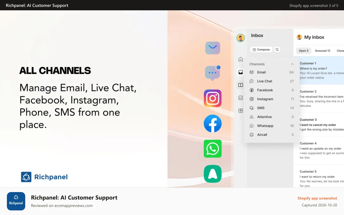 Richpanel: AI Customer Support Shopify app screenshot: Multi-channel help desk & live chat