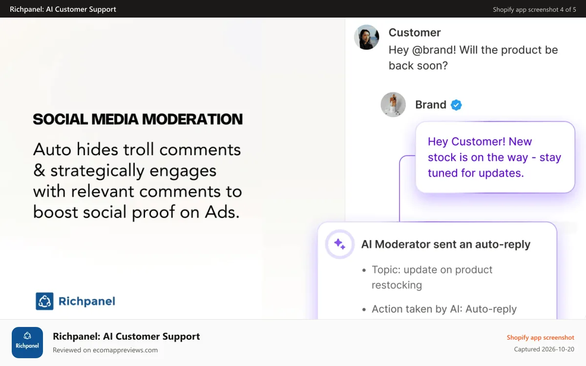 Richpanel: AI Customer Support Shopify app screenshot: Social Media Comments AI