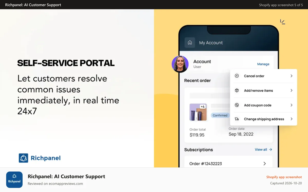 Richpanel: AI Customer Support Shopify app screenshot: Self Service Portal
