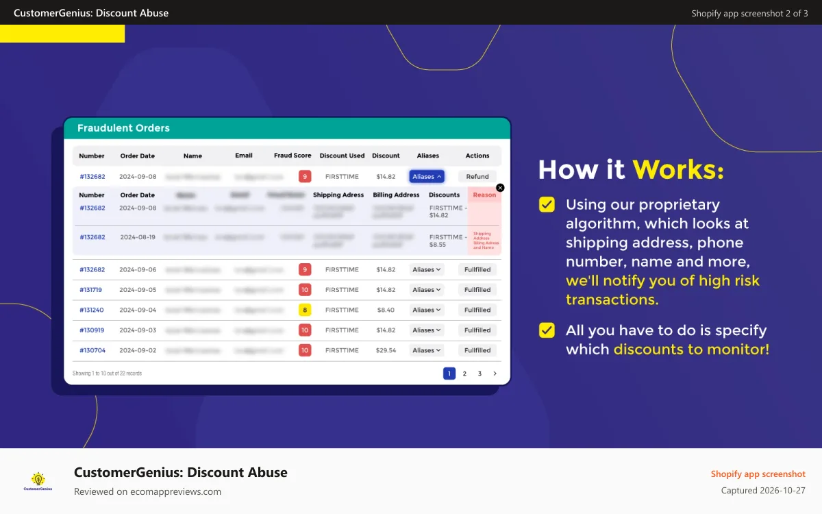 CustomerGenius: Discount Abuse Shopify app screenshot: Details of fraudulent customers