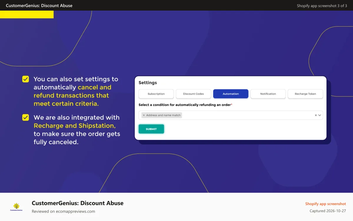 CustomerGenius: Discount Abuse Shopify app screenshot: Settings page, including criteria for automatic refunds