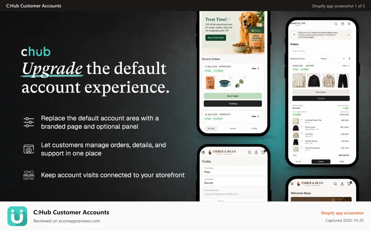 C:Hub Customer Accounts Shopify app screenshot: Customer account page and slide-out panel replacement