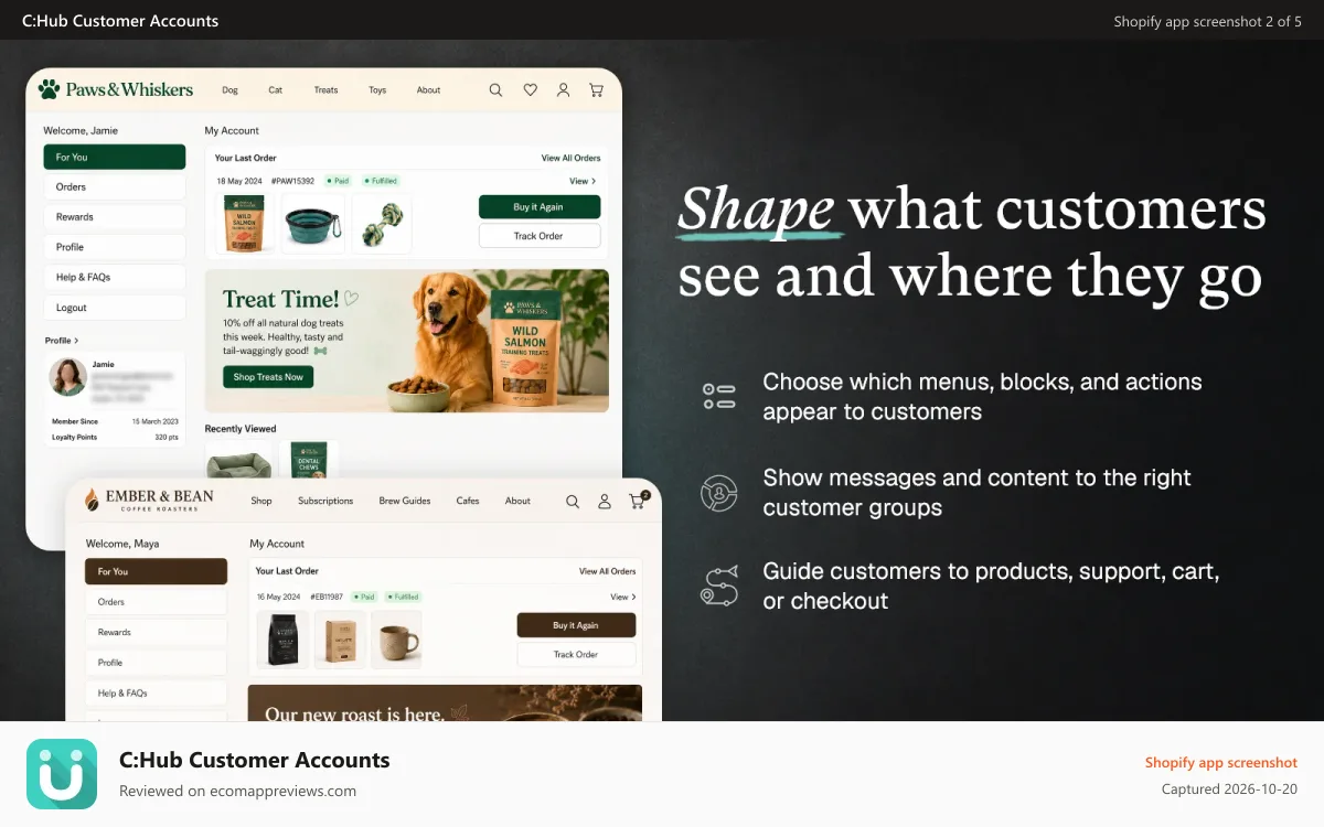 C:Hub Customer Accounts Shopify app screenshot: Custom account menus, content blocks and actions