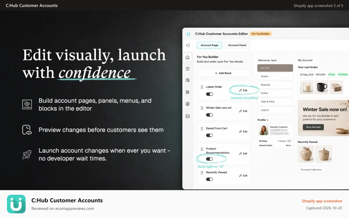 C:Hub Customer Accounts Shopify app screenshot: No-code visual editor for customer accounts