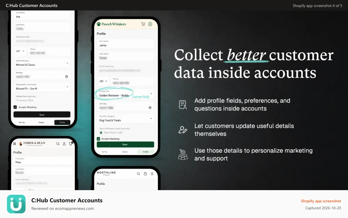 C:Hub Customer Accounts Shopify app screenshot: Customer profile fields, preferences and metafields