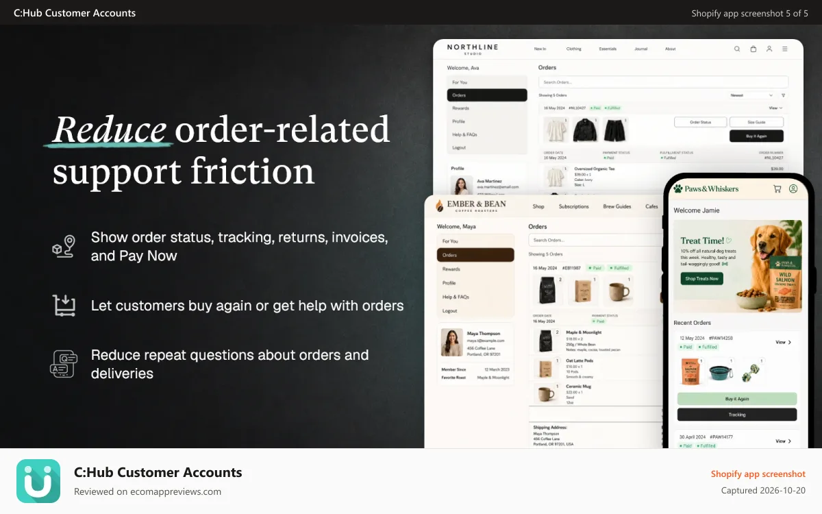 C:Hub Customer Accounts Shopify app screenshot: Order tracking, returns, Pay Now and Buy Again actions