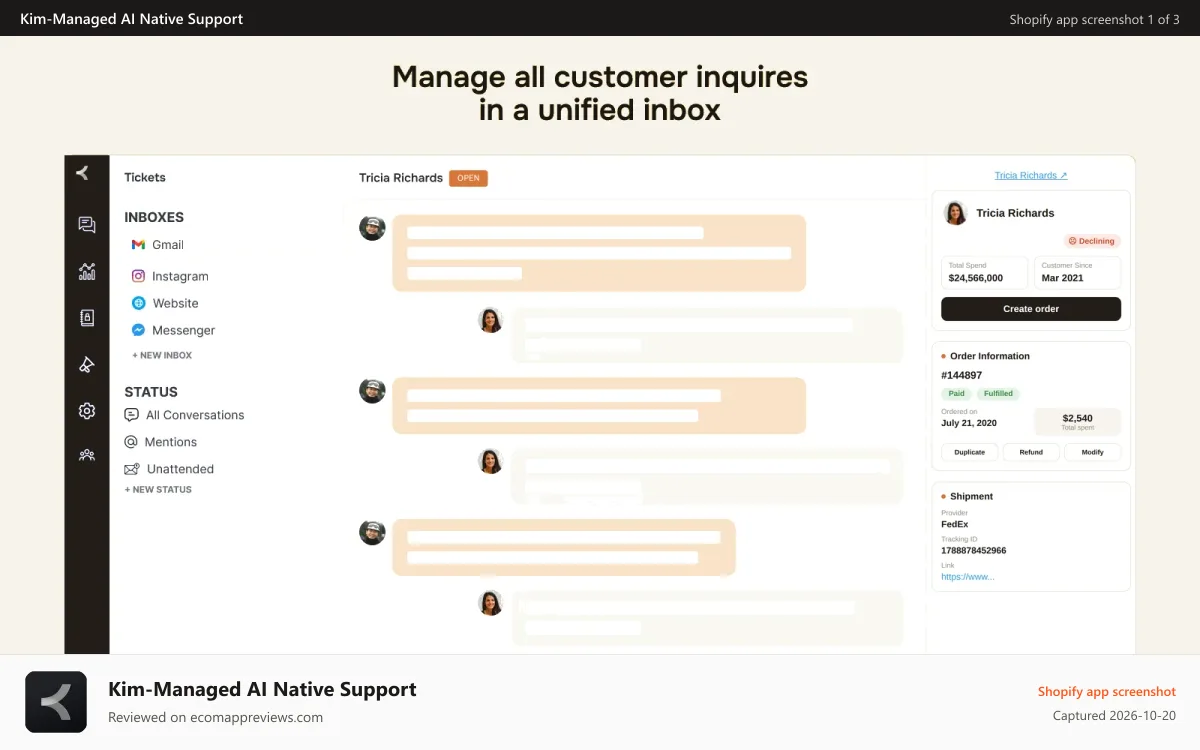 Kim‑Managed AI Native Support Shopify app screenshot: Manage all customer inquiries from unified inbox