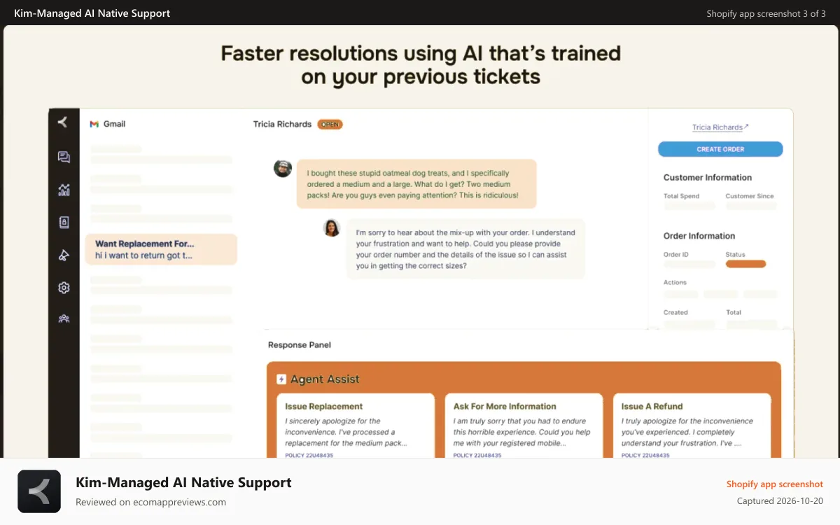 Kim‑Managed AI Native Support Shopify app screenshot: Faster Resolutions using AI