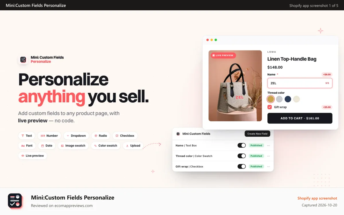 Mini:Custom Fields Personalize Shopify app screenshot: add custom fields/order field/input field to your product pages