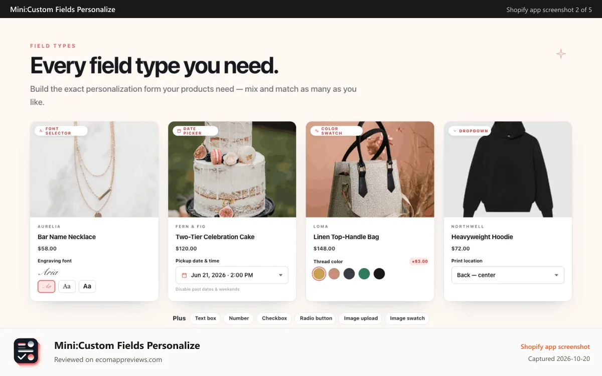 Mini:Custom Fields Personalize Shopify app screenshot: Display the Field on Products, Variant of Collections
