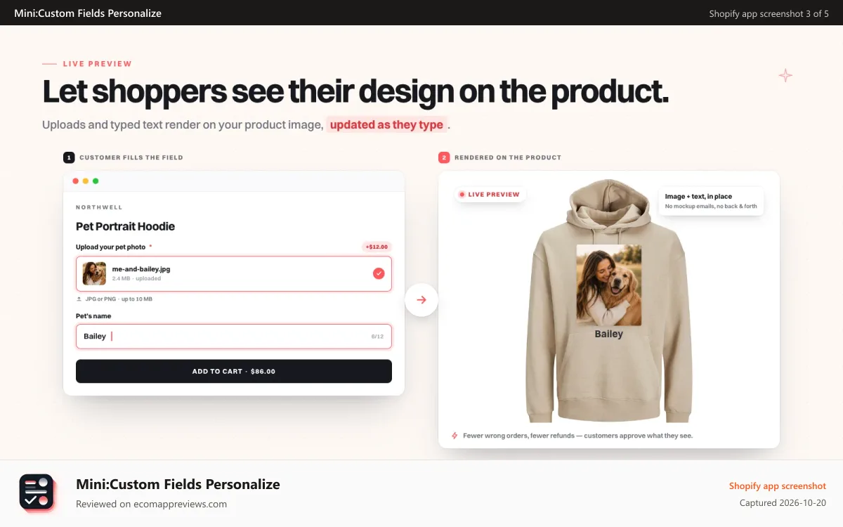 Mini:Custom Fields Personalize Shopify app screenshot: Live product preview custom field personalization in real time