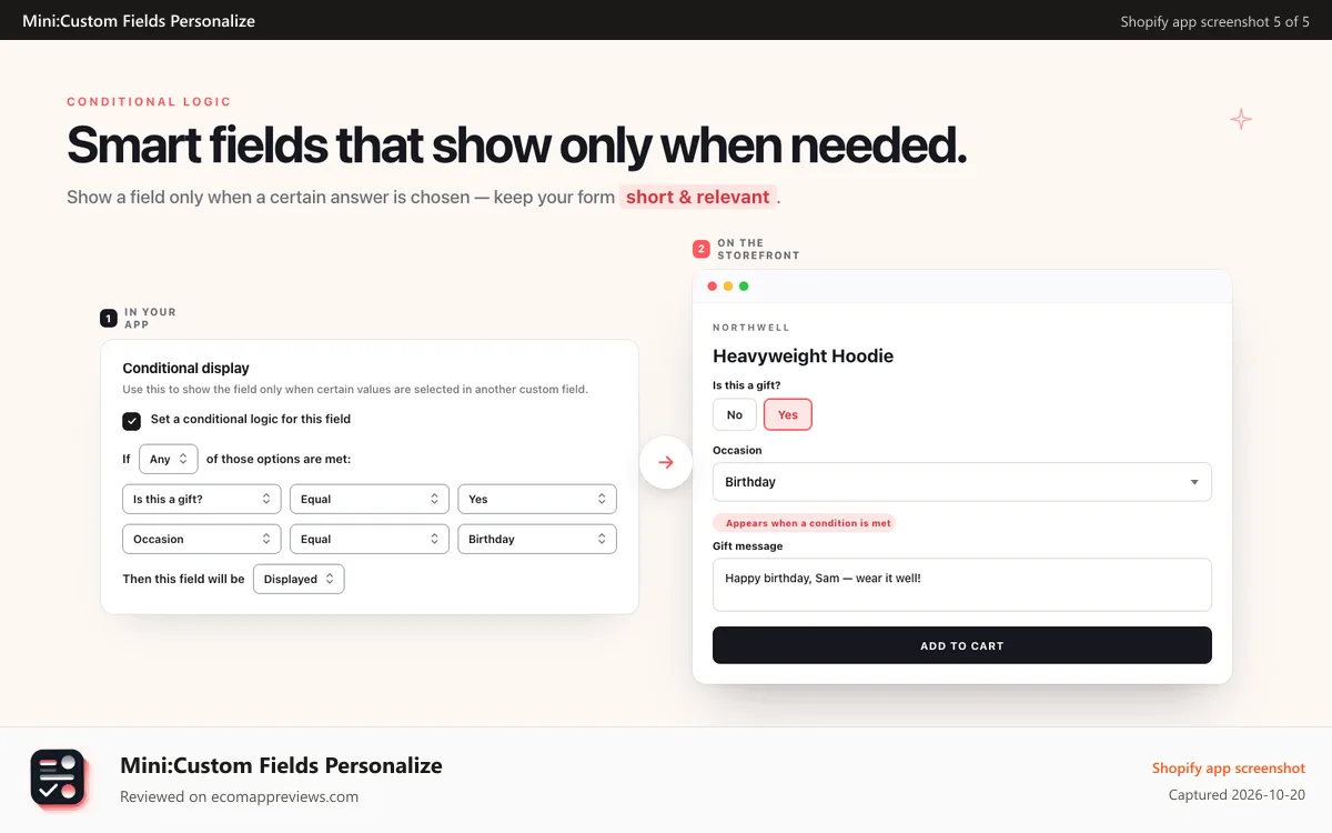 Mini:Custom Fields Personalize Shopify app screenshot: Conditional logic, dependent field, personal product options
