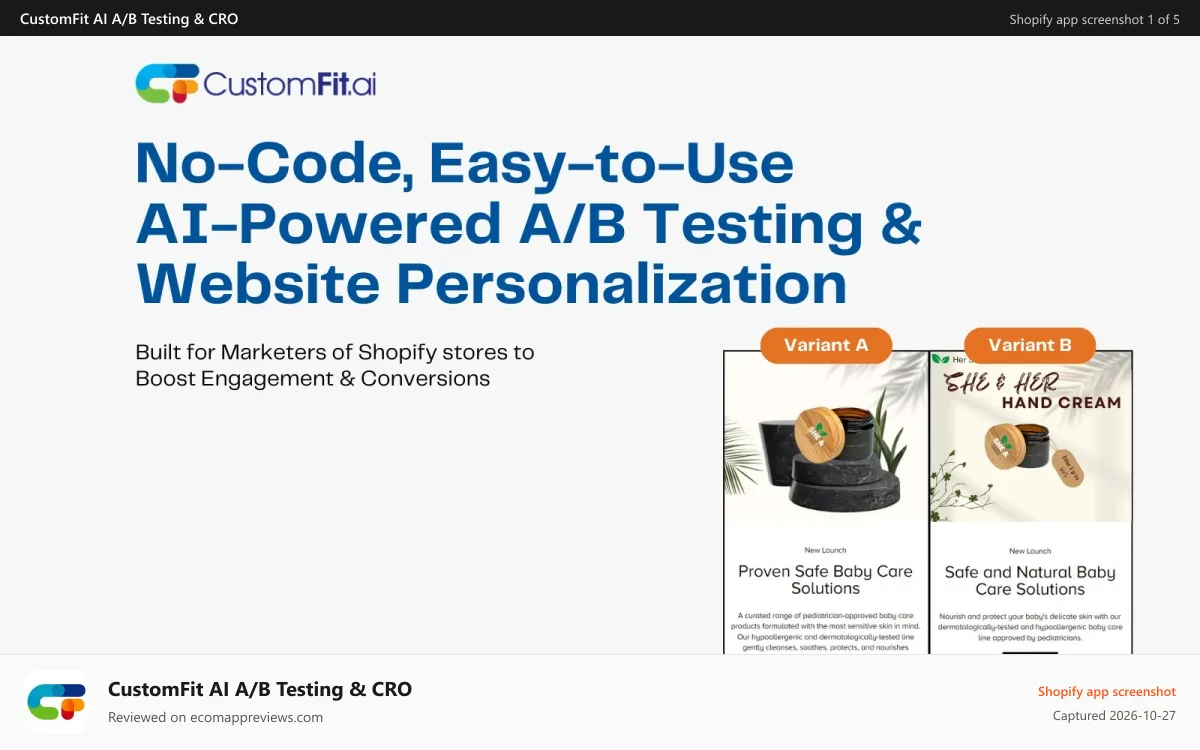 CustomFit AI A/B Testing & CRO Shopify app screenshot: Marketer's favourite A/B testing & personailzation platform