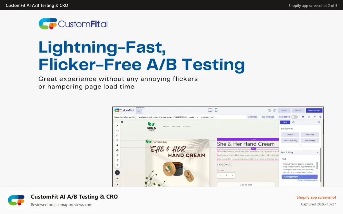 CustomFit AI A/B Testing & CRO Shopify app screenshot: AI Converstion Optimization for better results