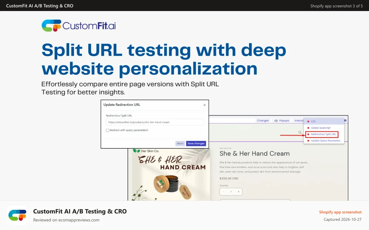CustomFit AI A/B Testing & CRO Shopify app screenshot: Perform theme A/B test, Pricing AB test and more