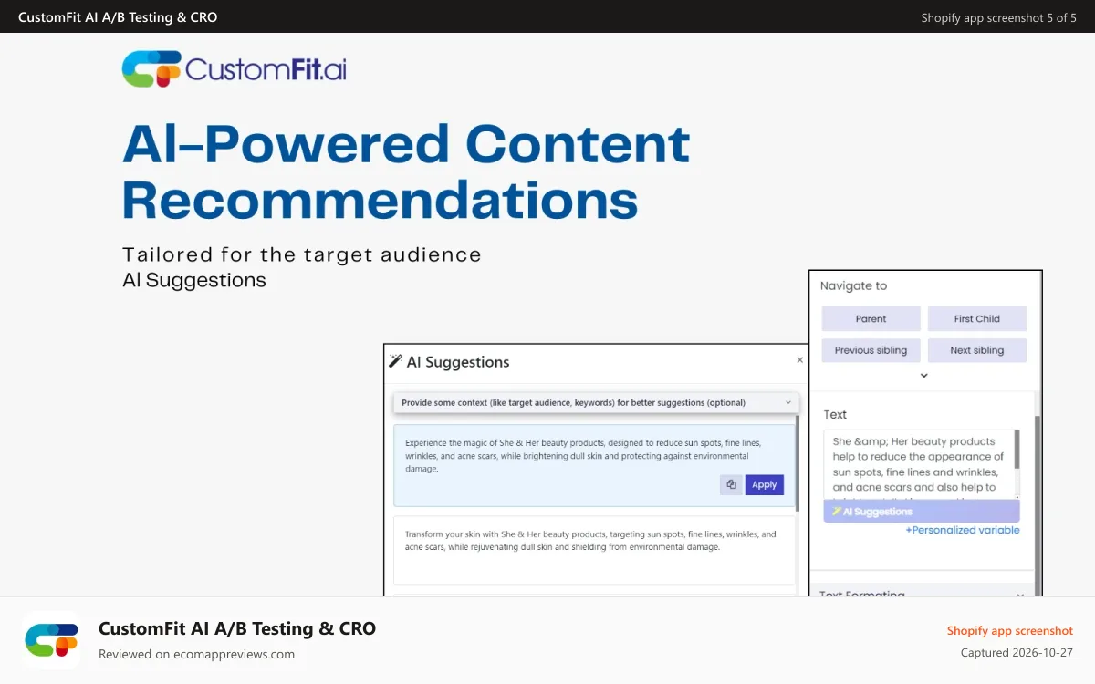 CustomFit AI A/B Testing & CRO Shopify app screenshot: AI Powered content recommendations