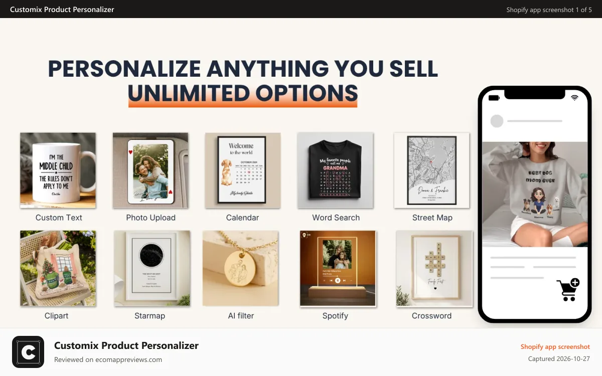 Customix Product Personalizer Shopify app screenshot: Unlimited Personalized Options