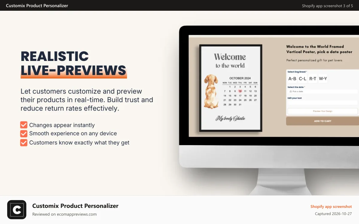 Customix Product Personalizer Shopify app screenshot: Live preview