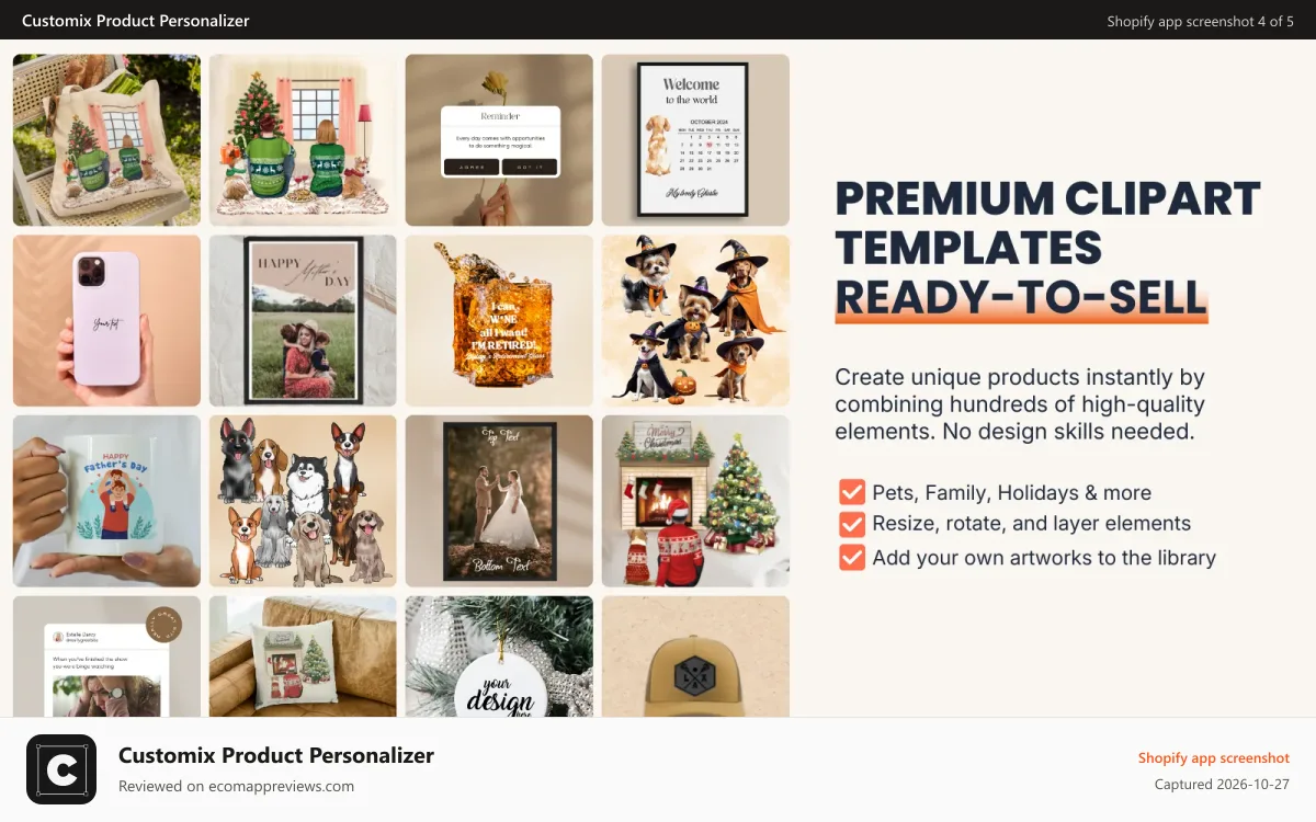 Customix Product Personalizer Shopify app screenshot: Premium Cliparts and Templates