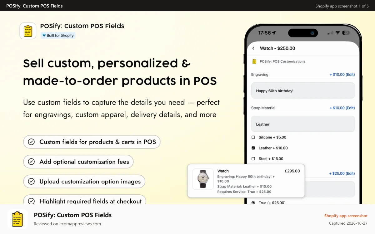 POSify: Custom POS Fields Shopify app screenshot: POSify add customzations to products and the cart in Shopify POS