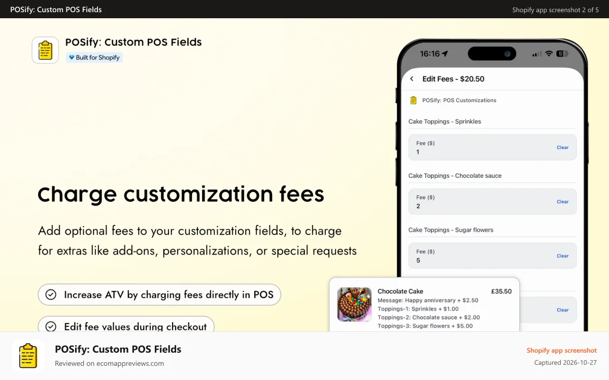 POSify: Custom POS Fields Shopify app screenshot: POSify add customization fees to custom products in Shopify POS