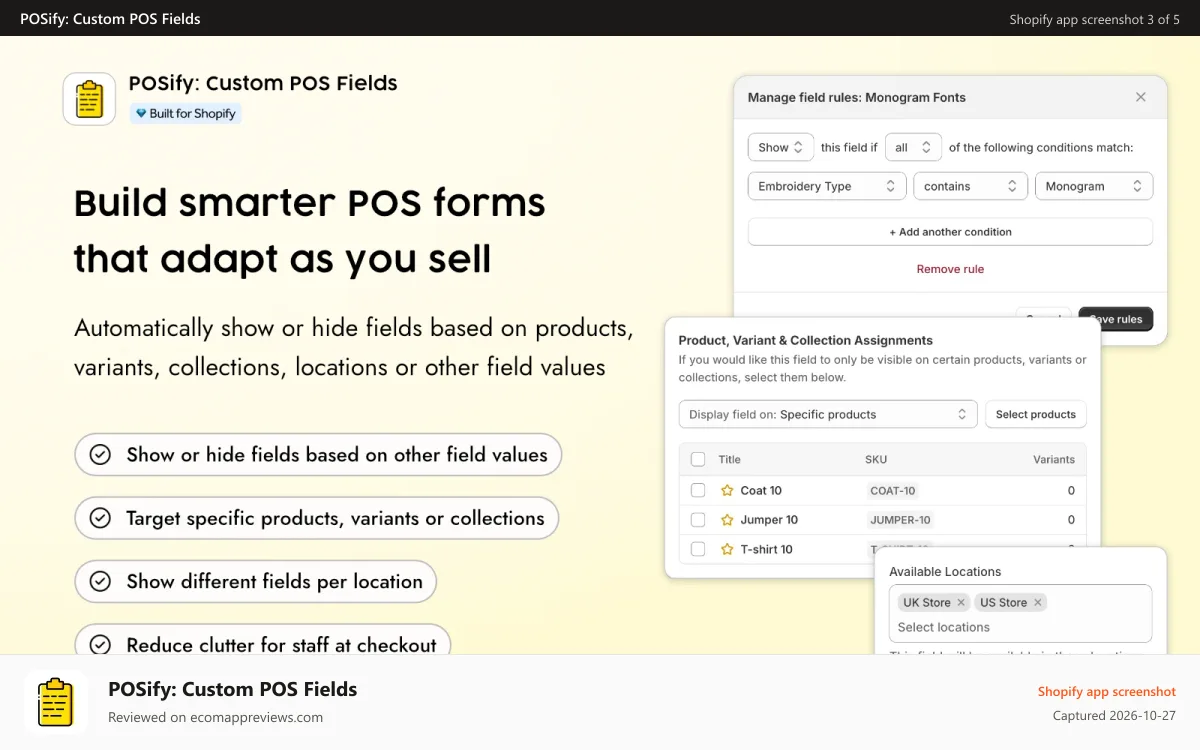 POSify: Custom POS Fields Shopify app screenshot: POSify apply conditional logic and rules to custom POS fields