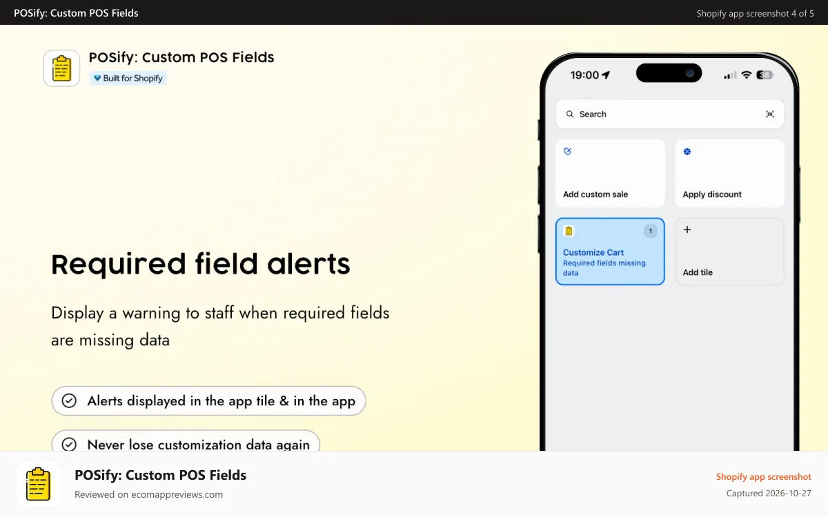 POSify: Custom POS Fields Shopify app screenshot: POSify alert staff when required fields are missing data in POS