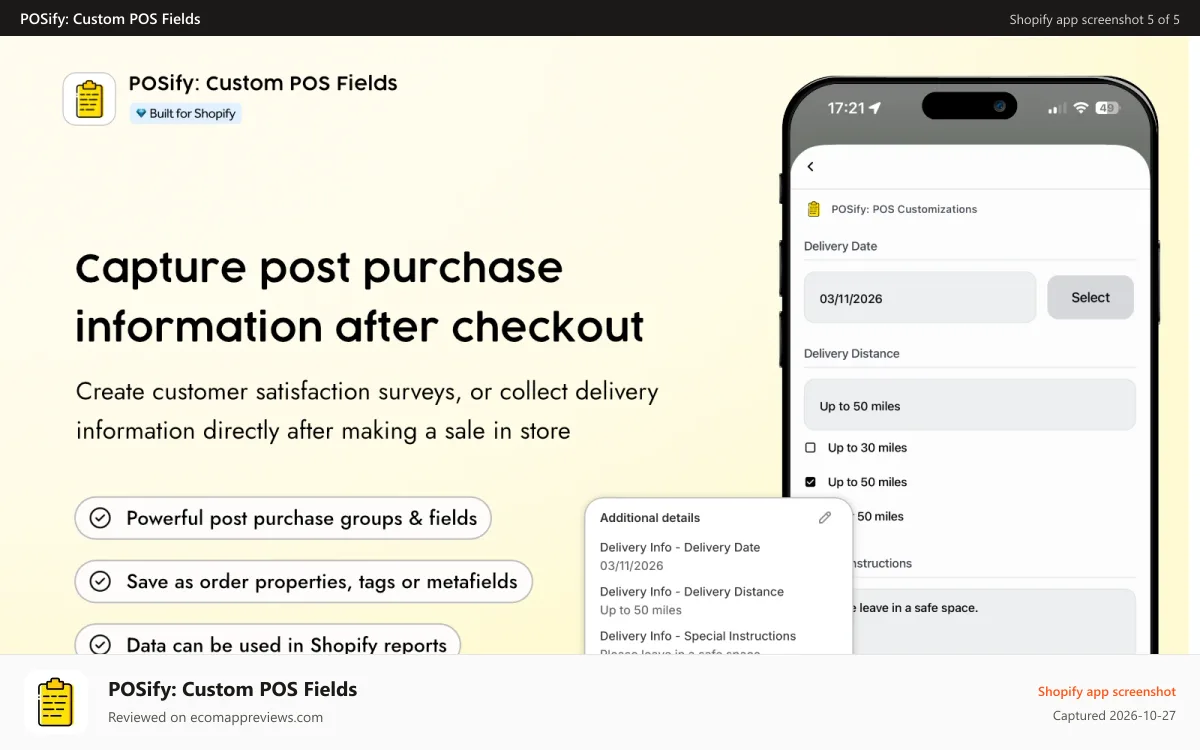 POSify: Custom POS Fields Shopify app screenshot: POSify capture post purchase information in Shopify POS