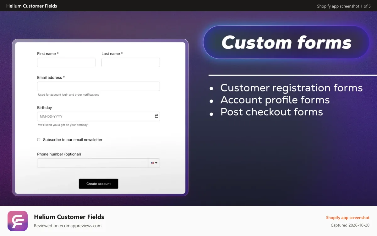 Helium Customer Fields Shopify app screenshot: Custom registration form, register customer accounts