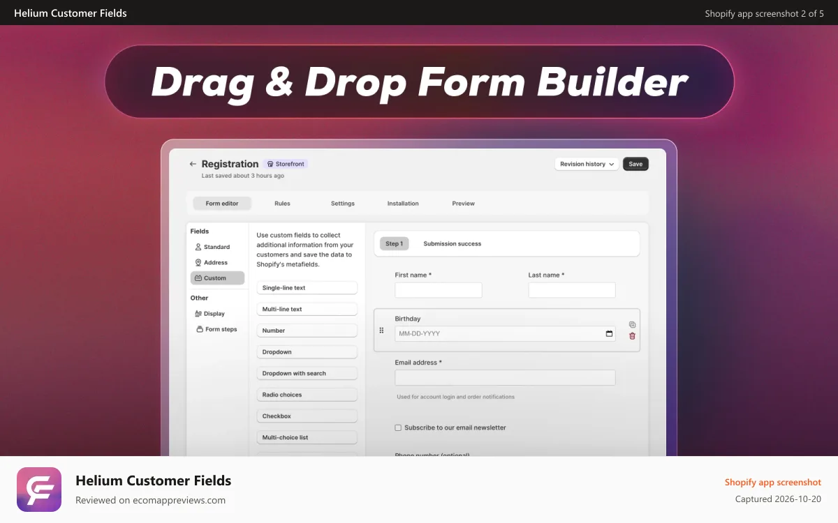 Helium Customer Fields Shopify app screenshot: Powerful drag and drop form builder